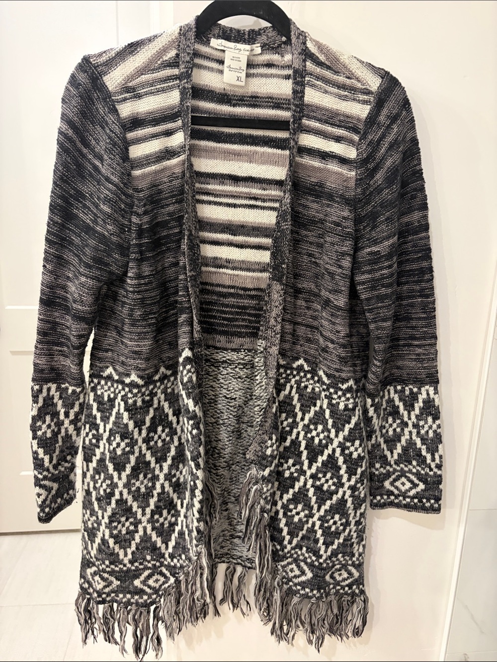 American Rag Black and Ivory Geometric Fringe Open Cardigan